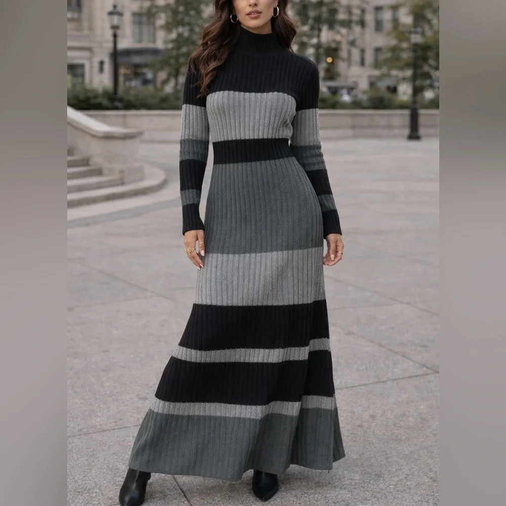 Striped Rib-Knit Long Sleeve Maxi Dress - Black & Gray - Picture 1 of 1